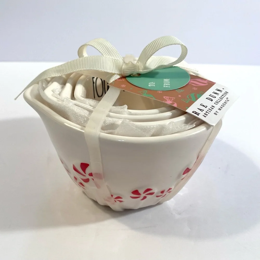 Rae Dunn Classic White + Red Peppermint Candy Suckers Ceramic Measuring Cups Set
